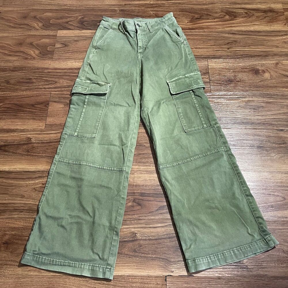 American Eagle High Rise Baggy Wide Leg Cargo Pants Womens 00 Short Olive Green